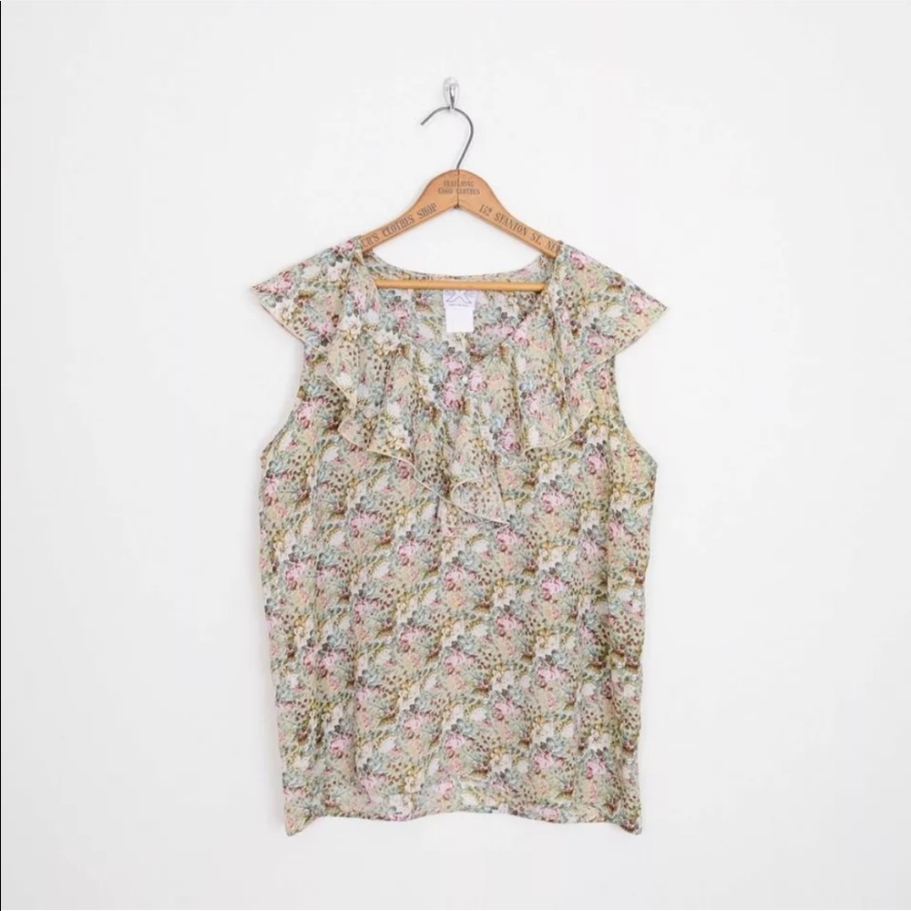 Vtg 90s Grunge Beige Sheer Ditsy Floral Print Ruffle Collar Blouse Tank Top M L